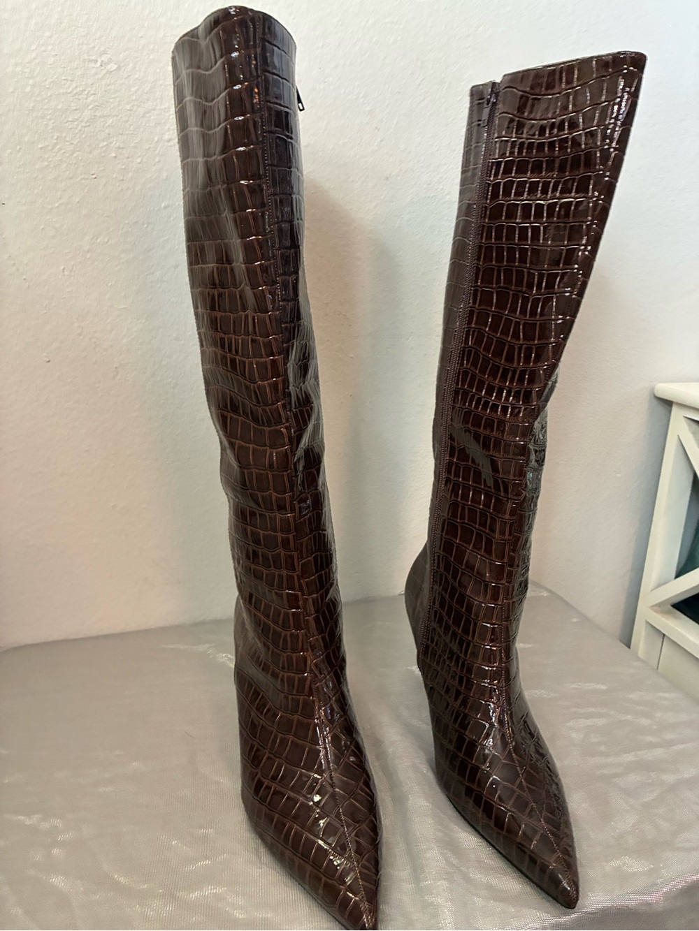 Croc-Embossed Pointed Toe Knee Boots - Dark Brown